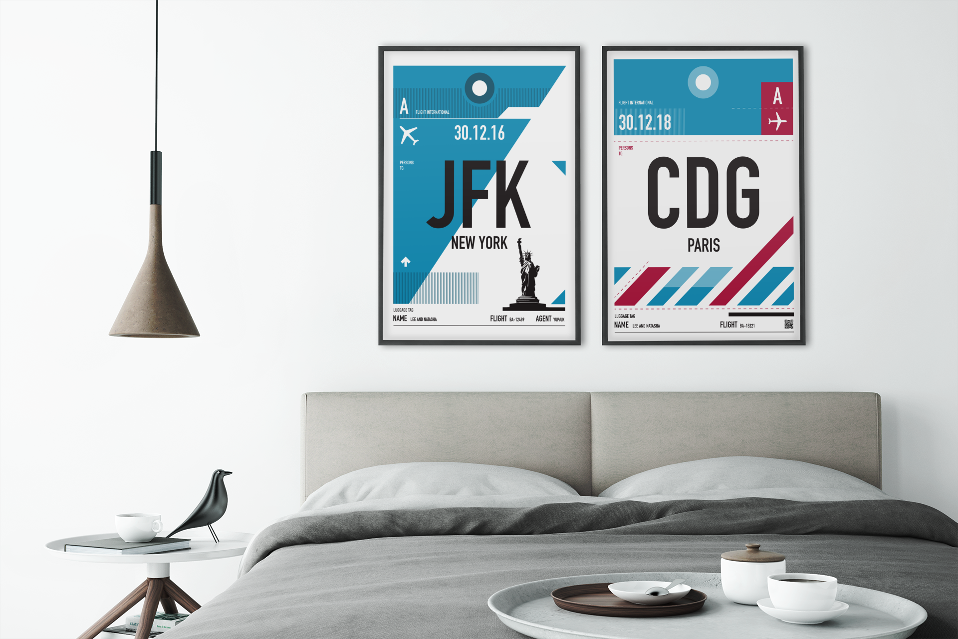 two prints hanging in bedroom